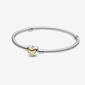 Charm Pandora Domed Golden Heart Clasp Snake Two-tone | MHAN45961